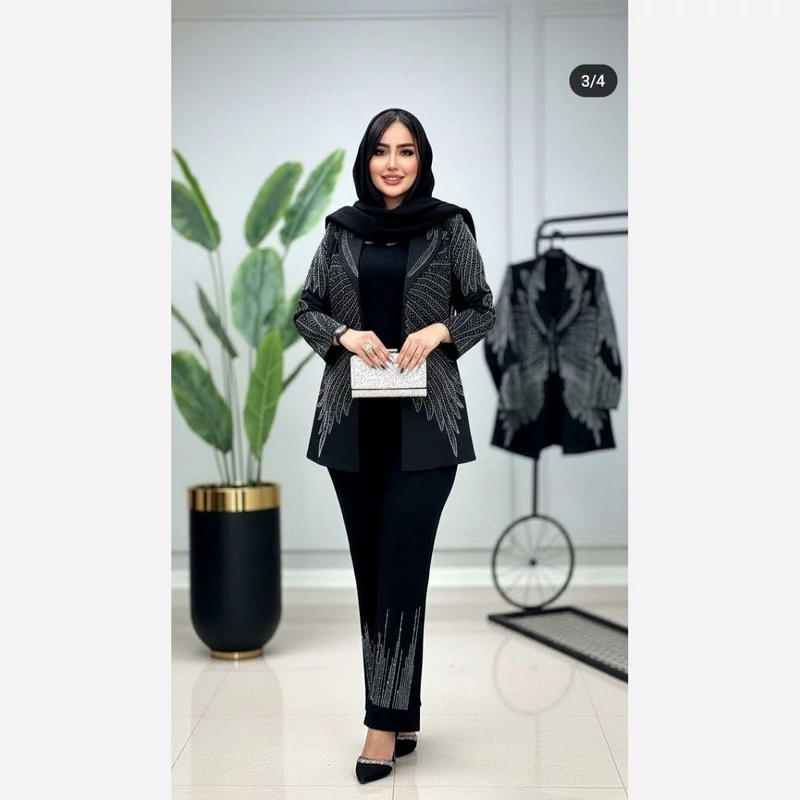 کت شلوار مجلسی نگینی زنانه طاووس ست کت شلوار مجلسی نگینی